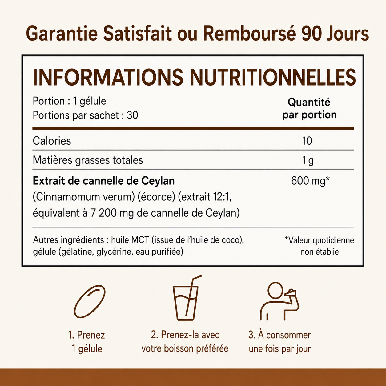 Cannelle de Ceylan Équivalent à 7200mg avec huile MCT
